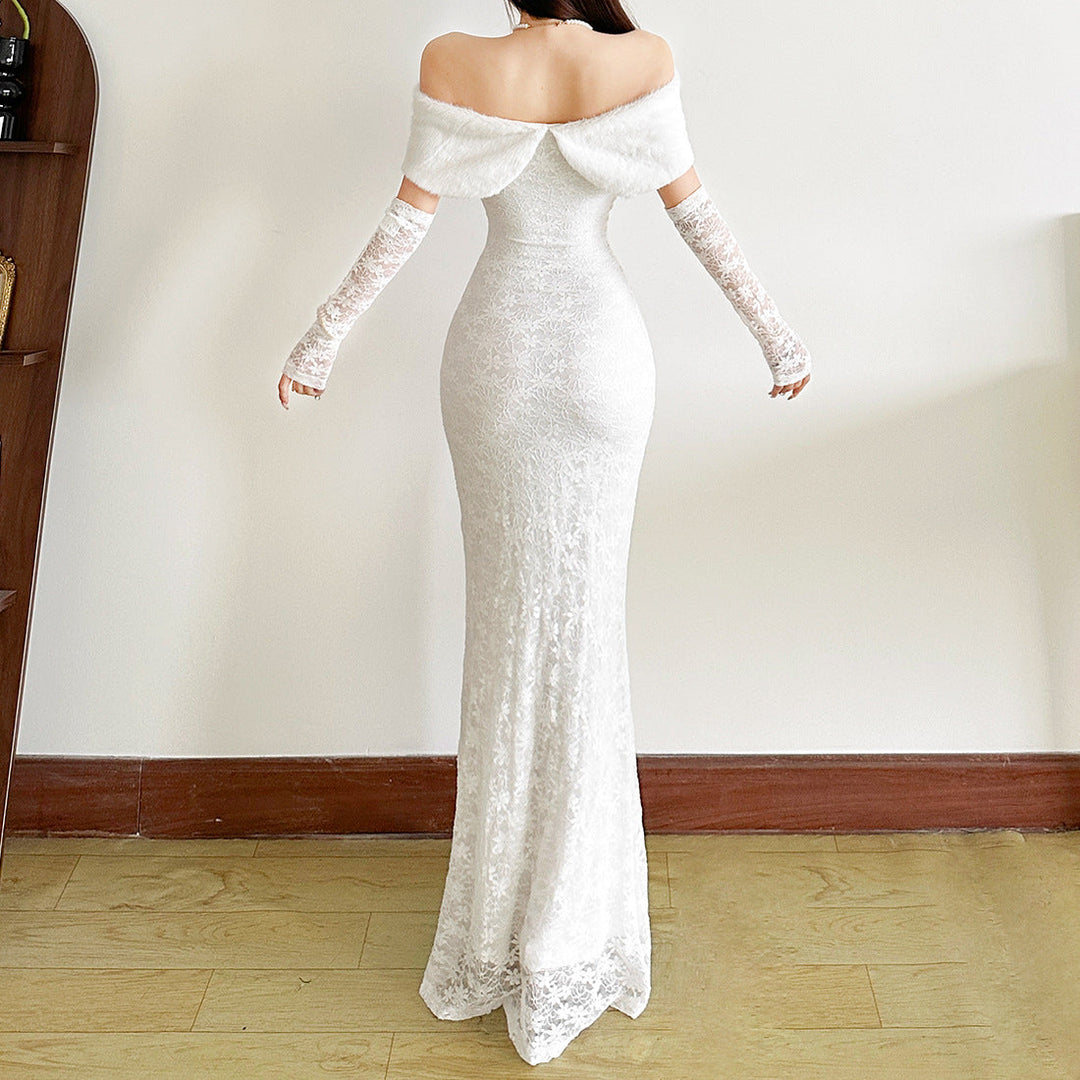 Off shoulder long sleeve lace solid maxi dress  | Festival Outfits Women