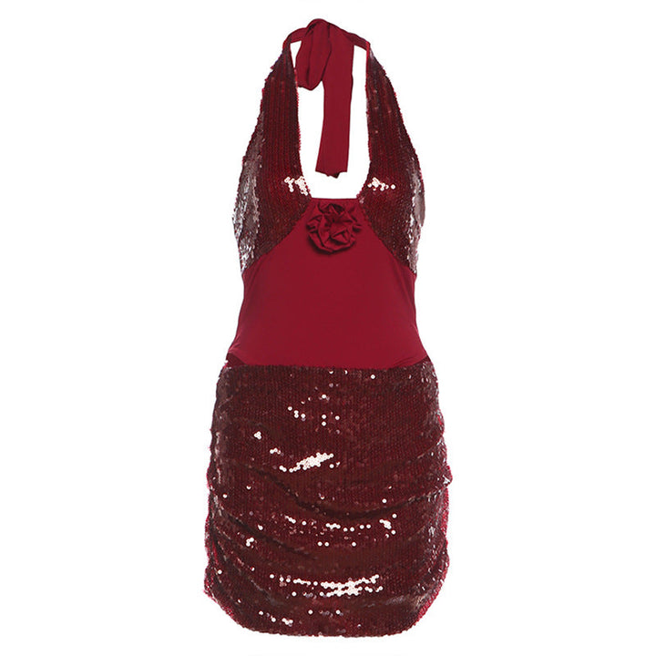 Glitter flower applique halter self tie mini skirt set  | Festival Outfits Women