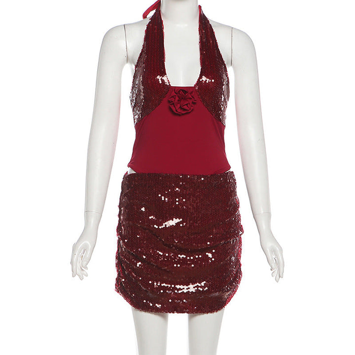 Glitter flower applique halter self tie mini skirt set  | Festival Outfits Women