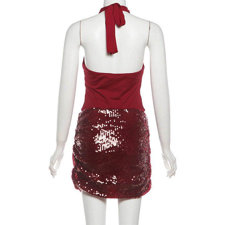 Glitter flower applique halter self tie mini skirt set  | Festival Outfits Women