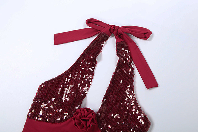 Glitter flower applique halter self tie mini skirt set  | Festival Outfits Women