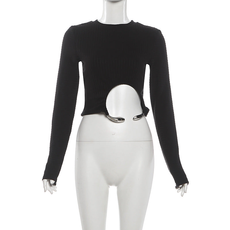 Crewneck long sleeve irregular solid crop top  | Festival Outfits Women