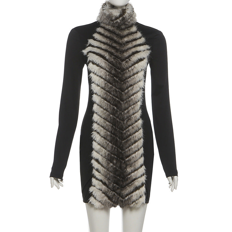 High neck fluffy long sleeve zip-up mini dress  | Festival Outfits Women