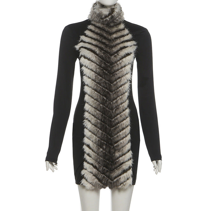 High neck fluffy long sleeve zip-up mini dress  | Festival Outfits Women