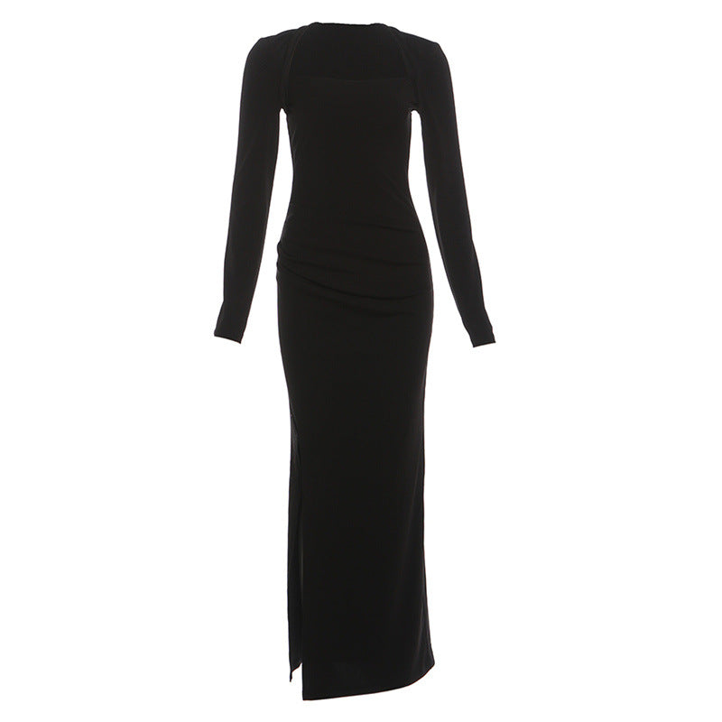 Long sleeve square neck slit ruched maxi dress  | Festival Outfits Women