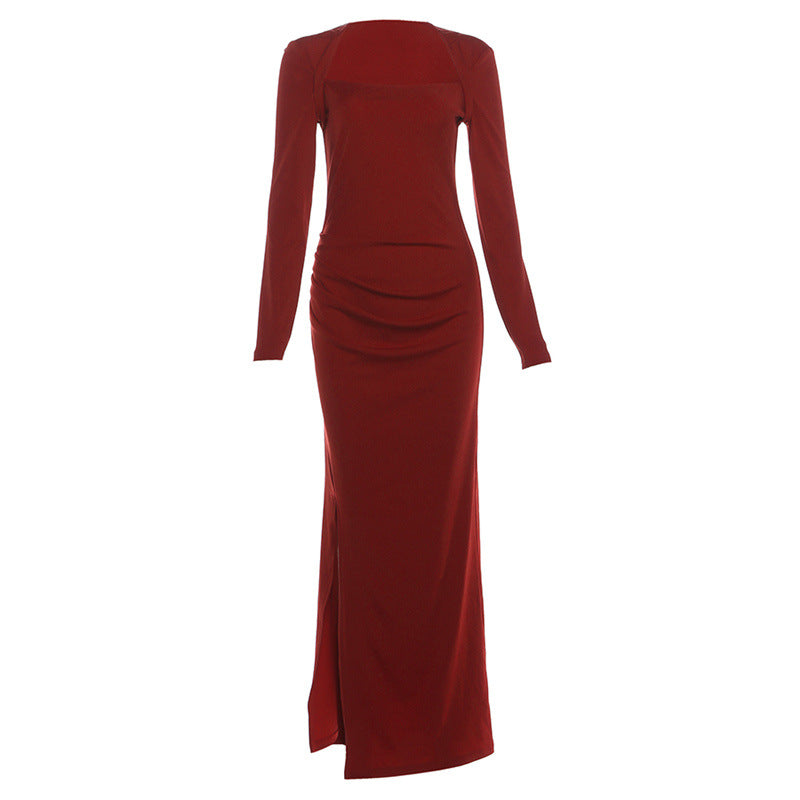 Long sleeve square neck slit ruched maxi dress  | Festival Outfits Women