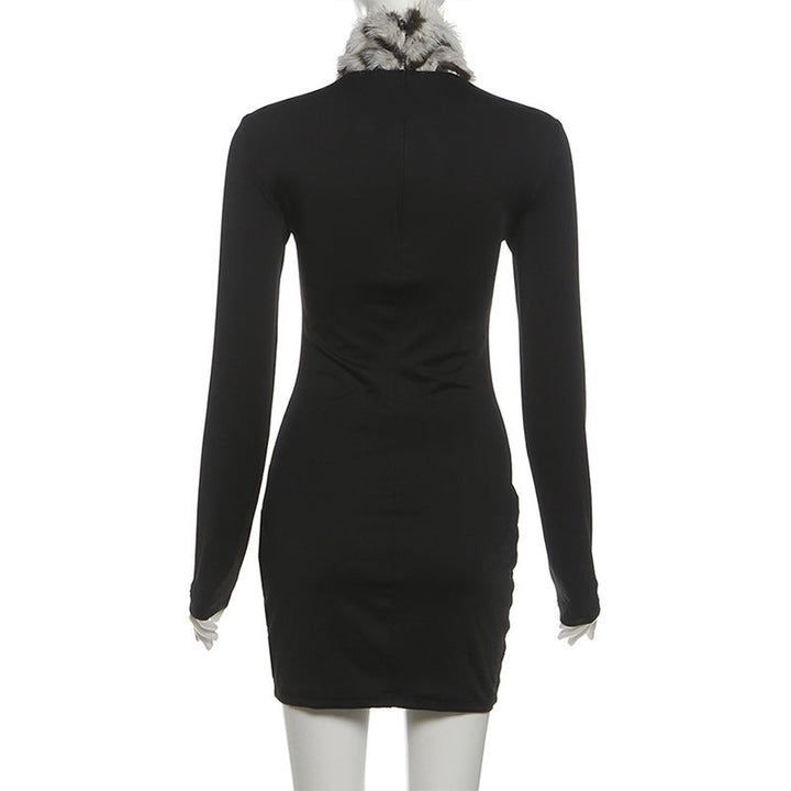 High neck fluffy long sleeve zip-up mini dress  | Festival Outfits Women