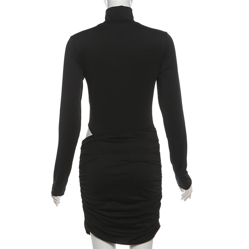 Ruched high neck long sleeve button mini dress  | Festival Outfits Women