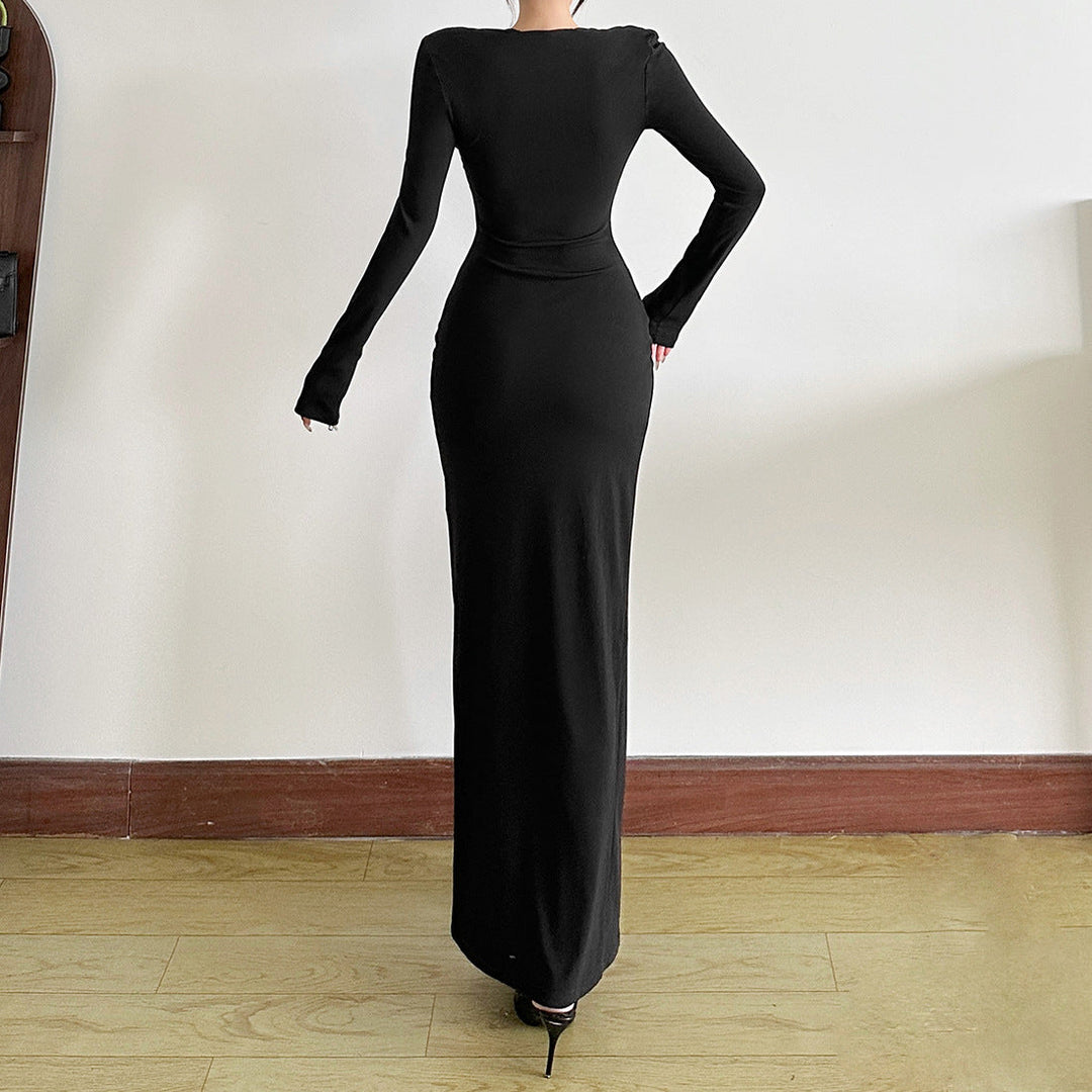 Long sleeve square neck slit ruched maxi dress  | Festival Outfits Women