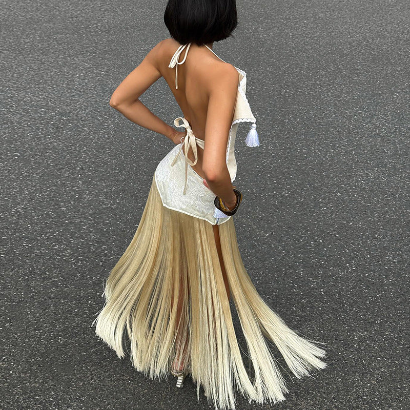 Tassels patchwork contrast midi skirt  | Festival Outfits Women