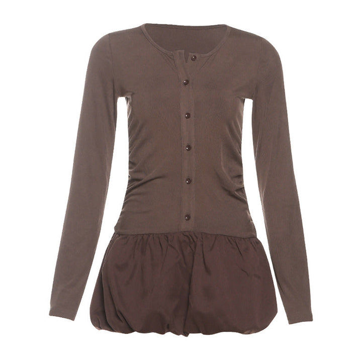 Long sleeve button round neck ruched mini dress  | Festival Outfits Women