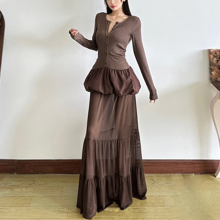 Long sleeve button round neck ruched mini dress  | Festival Outfits Women