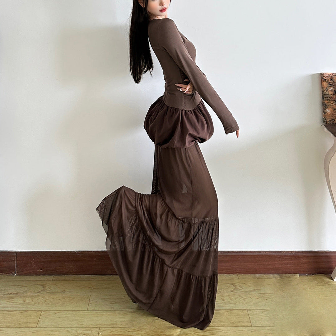 Long sleeve button round neck ruched mini dress  | Festival Outfits Women