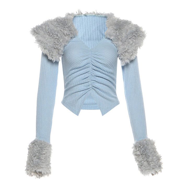 Ruched long sleeve fluffy v neck top  | Festival Outfits Women