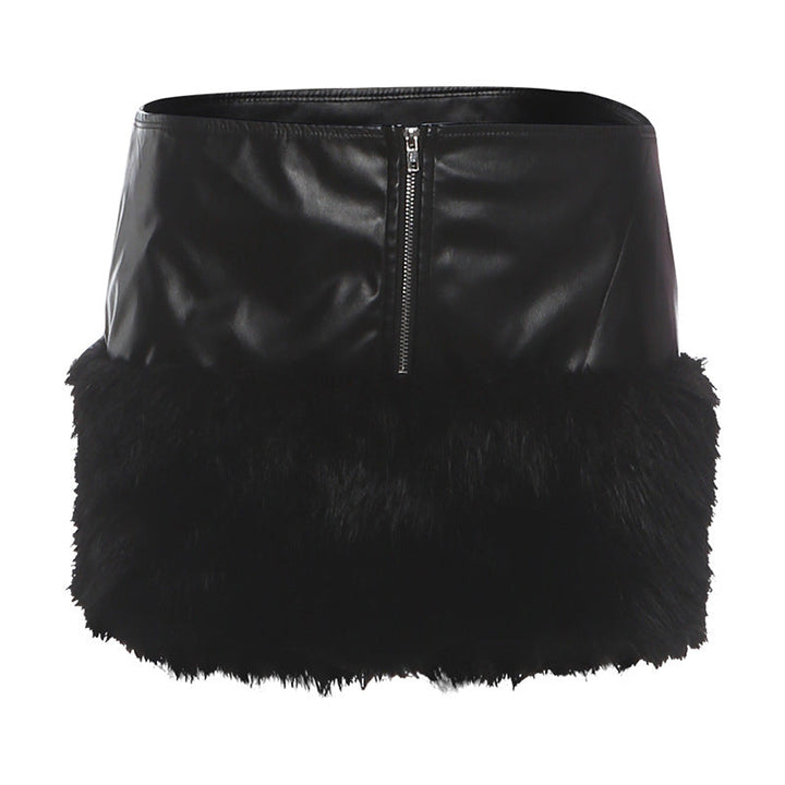 Zip-up PU leather fluffy patchwork mini skirt Cargo Mini Skirt  | Festival Outfits Women