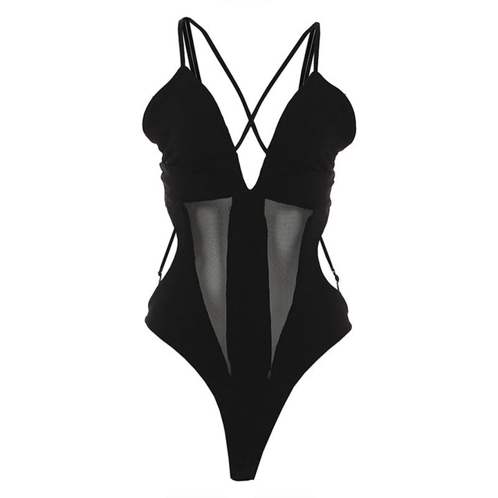 Cross front v neck button hollow out cami bodysuit  | Festival Outfits Women