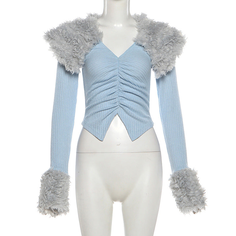Ruched long sleeve fluffy v neck top  | Festival Outfits Women