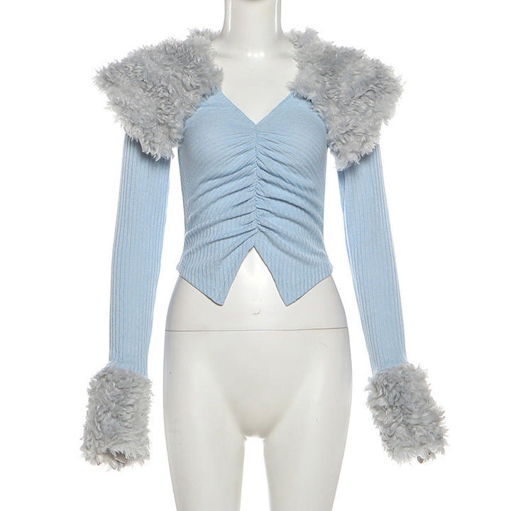 Ruched long sleeve fluffy v neck top  | Festival Outfits Women