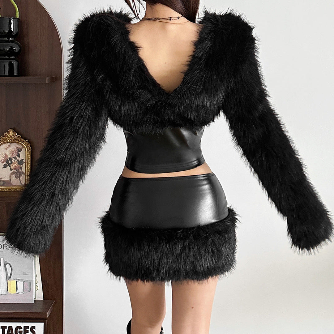 Zip-up PU leather fluffy patchwork mini skirt Cargo Mini Skirt  | Festival Outfits Women