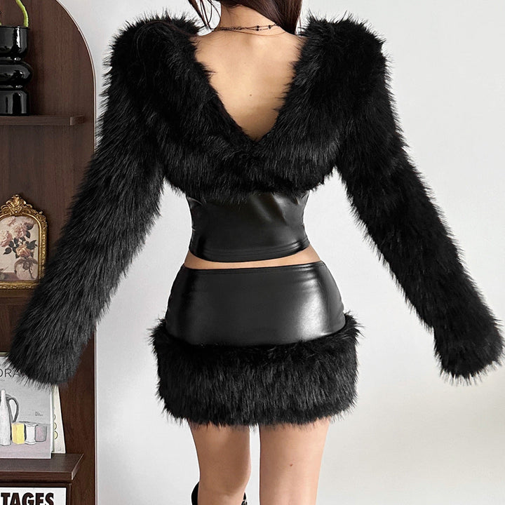 Zip-up PU leather fluffy patchwork mini skirt Cargo Mini Skirt  | Festival Outfits Women