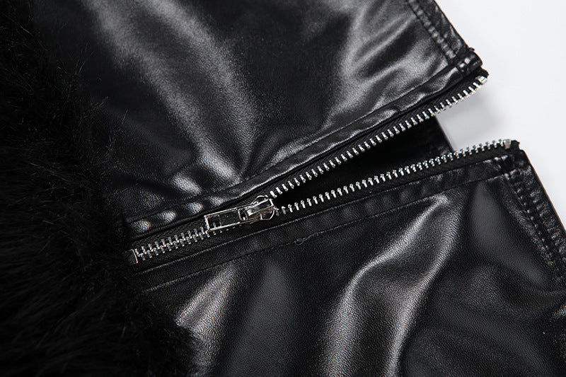 Zip-up PU leather fluffy patchwork mini skirt Cargo Mini Skirt  | Festival Outfits Women