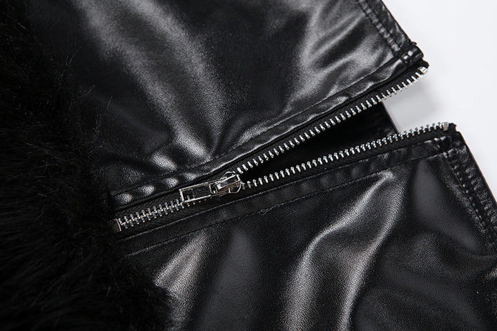 Zip-up PU leather fluffy patchwork mini skirt Cargo Mini Skirt  | Festival Outfits Women