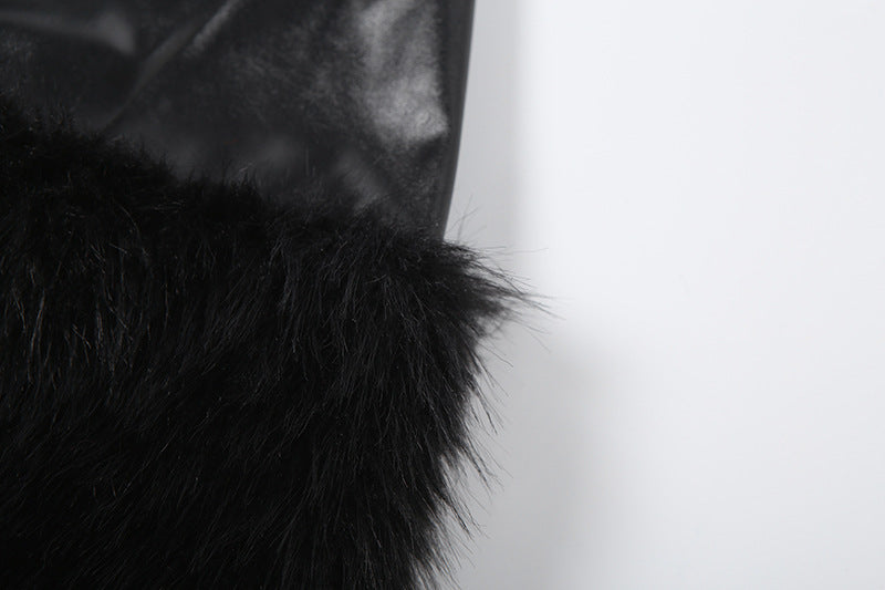 Zip-up PU leather fluffy patchwork mini skirt Cargo Mini Skirt  | Festival Outfits Women