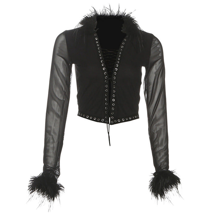 Long sleeve mesh lace up fluffy solid top  | Festival Outfits Women