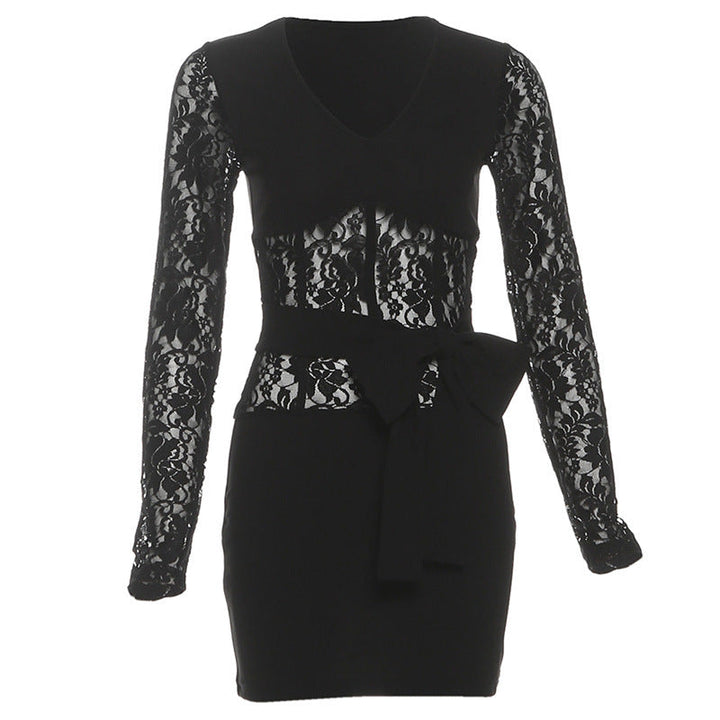 Long sleeve lace v neck bowknot mini dress  | Festival Outfits Women