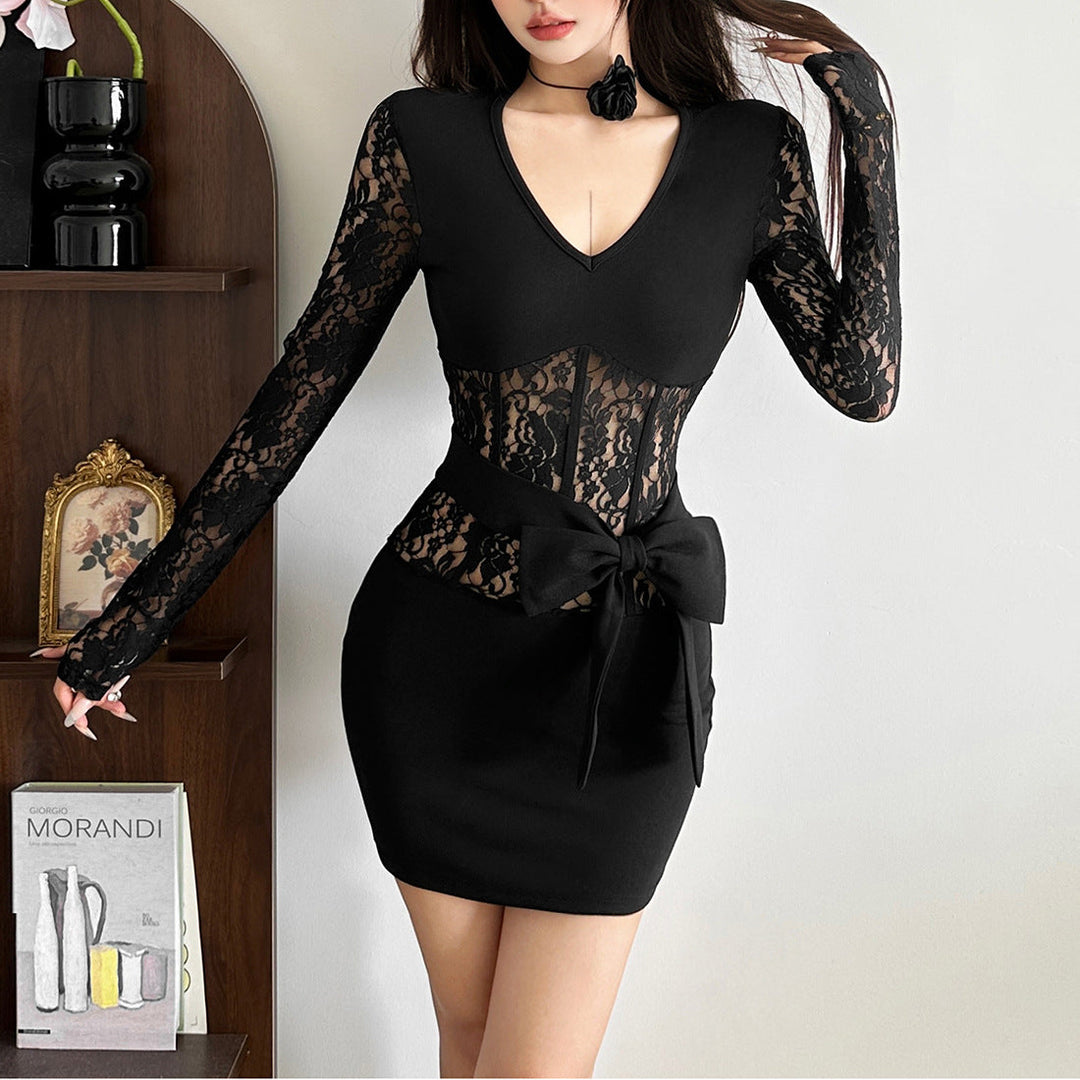 Long sleeve lace v neck bowknot mini dress  | Festival Outfits Women