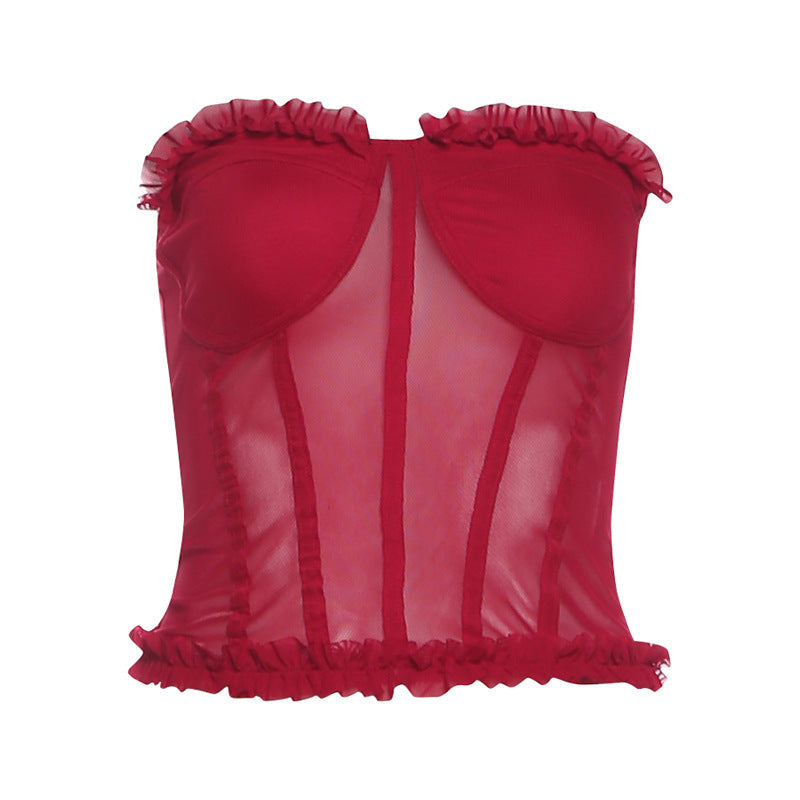 Ruffle mesh backless solid tube top  | Festival Outfits Women