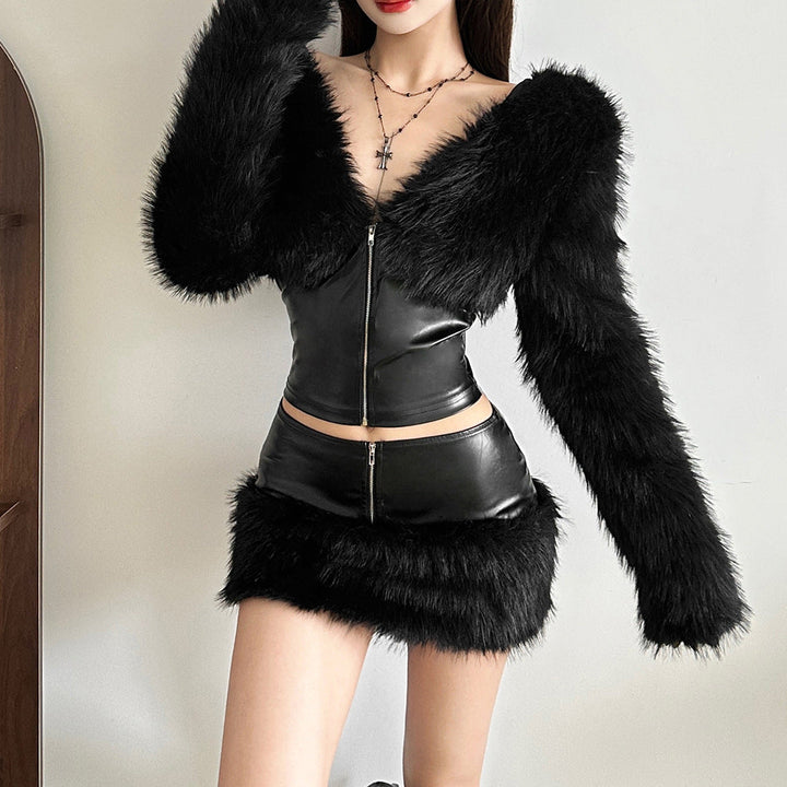 Long sleeve zip-up fluffy v neck PU leather top  | Festival Outfits Women