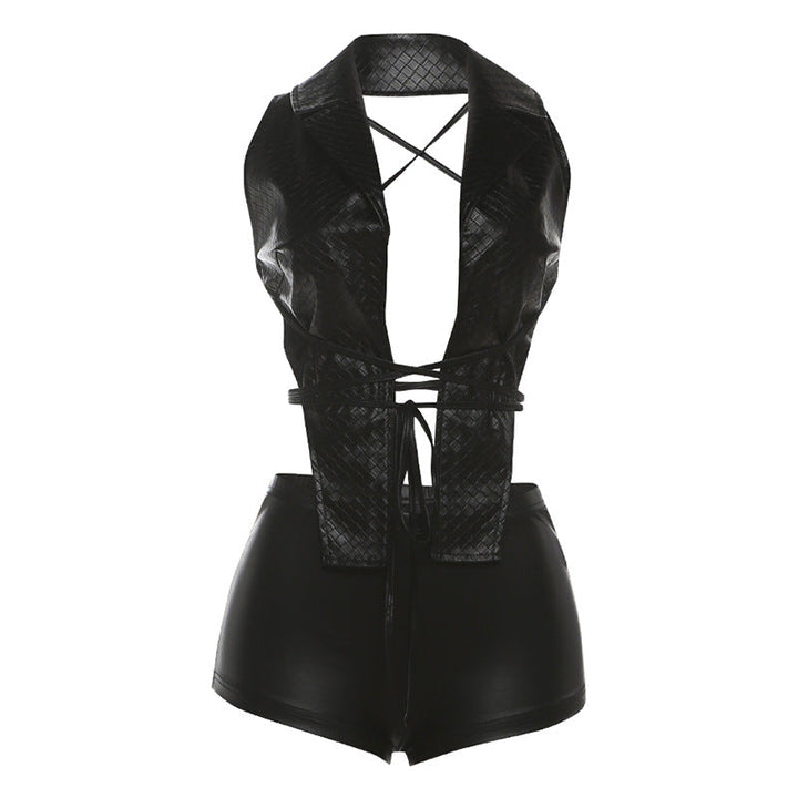 Self tie cross back PU leather low rise pant set  | Festival Outfits Women