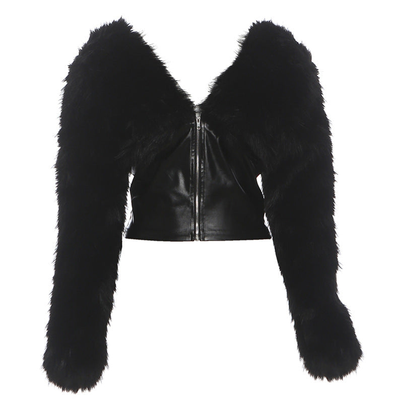 Long sleeve zip-up fluffy v neck PU leather top  | Festival Outfits Women