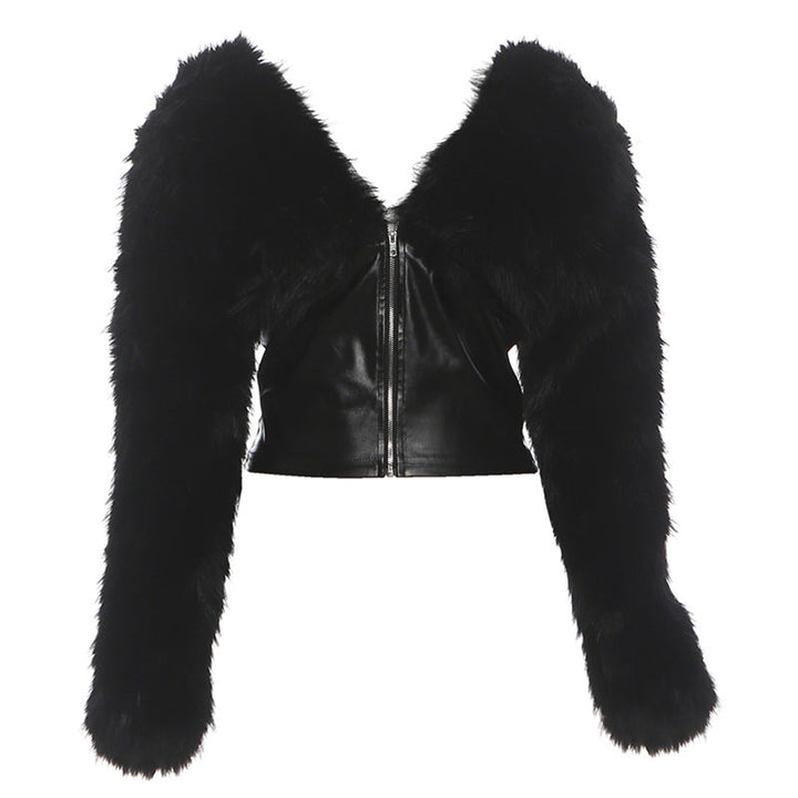 Long sleeve zip-up fluffy v neck PU leather top  | Festival Outfits Women