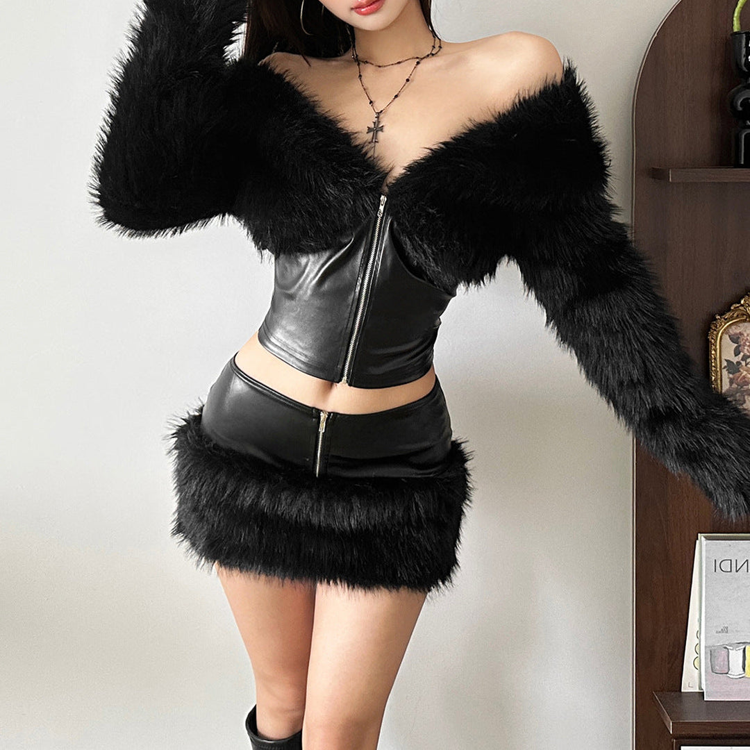 Long sleeve zip-up fluffy v neck PU leather top  | Festival Outfits Women