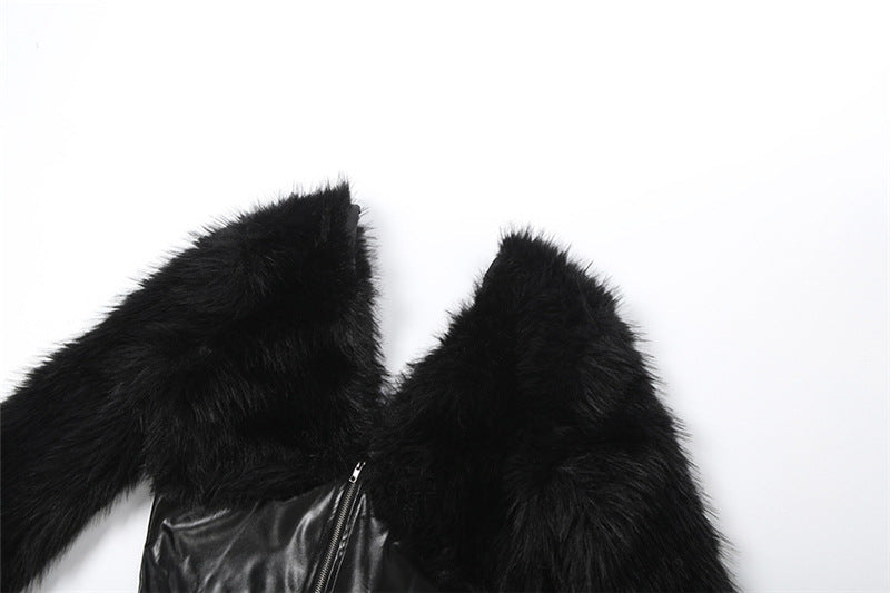 Long sleeve zip-up fluffy v neck PU leather top  | Festival Outfits Women