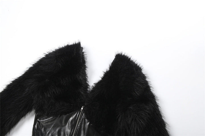 Long sleeve zip-up fluffy v neck PU leather top  | Festival Outfits Women