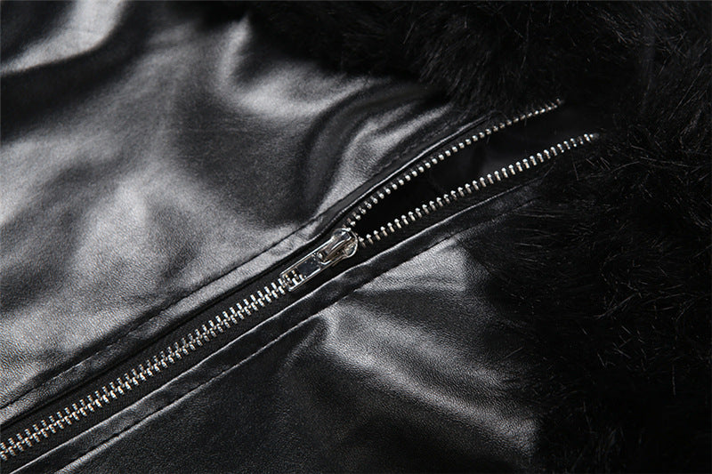 Long sleeve zip-up fluffy v neck PU leather top  | Festival Outfits Women