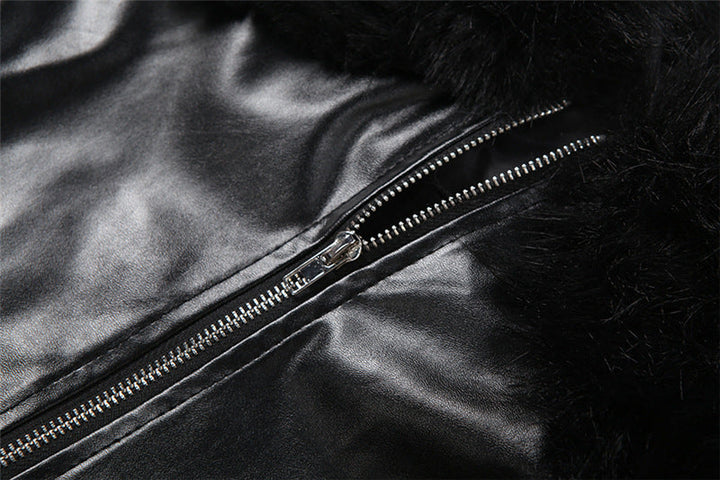 Long sleeve zip-up fluffy v neck PU leather top  | Festival Outfits Women