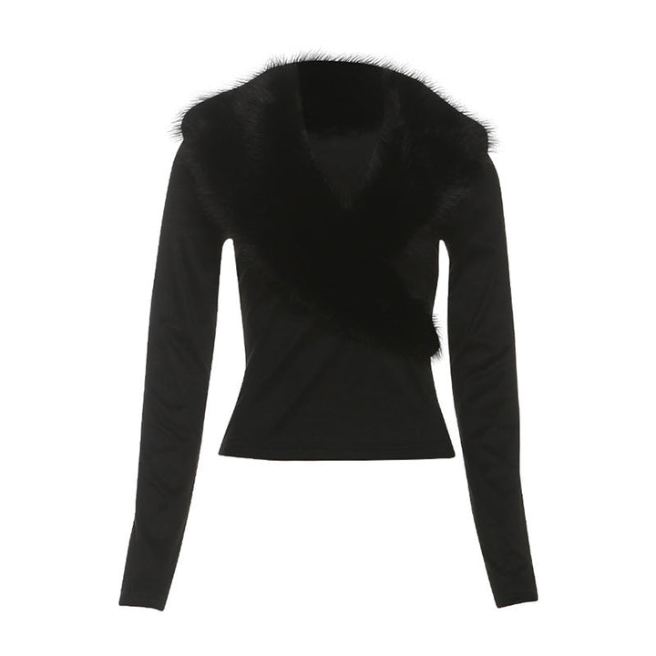 Long sleeve fluffy v neck solid top  | Festival Outfits Women