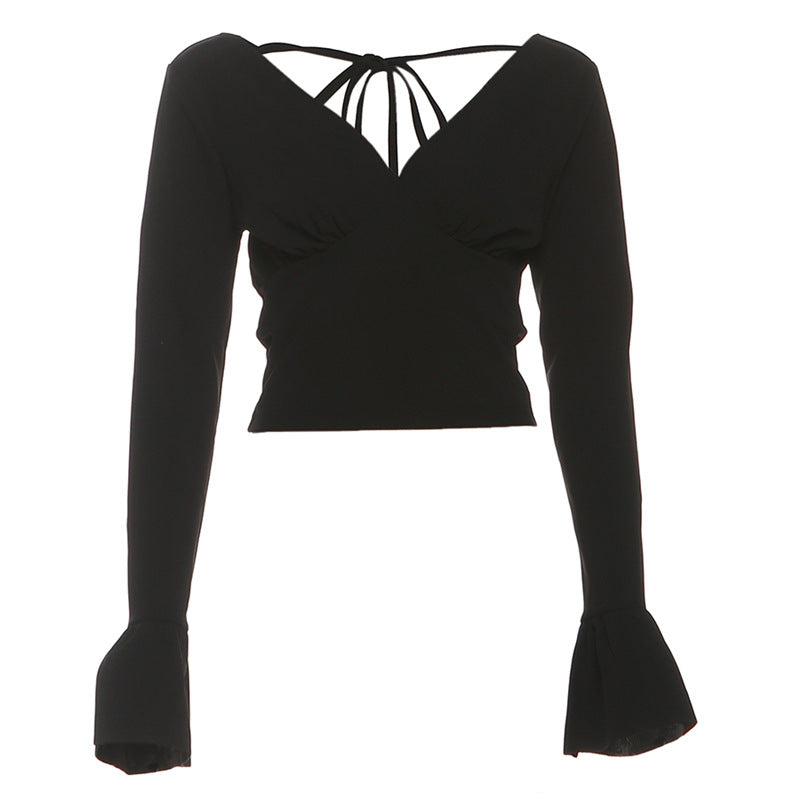 Long flared sleeve v neck self tie solid top  | Festival Outfits Women