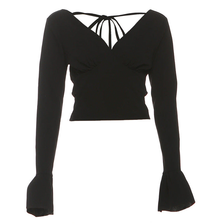Long flared sleeve v neck self tie solid top  | Festival Outfits Women