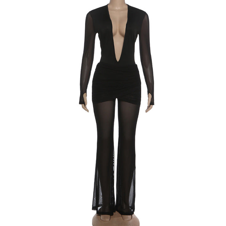 Gloves long sleeve deep v neck mesh pant set  | Festival Outfits Women