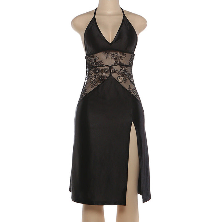 Lace self tie halter v neck slit irregular mini dress  | Festival Outfits Women