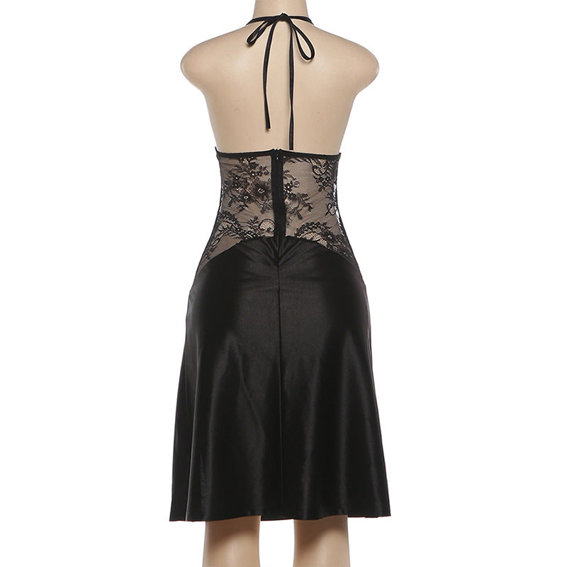 Lace self tie halter v neck slit irregular mini dress  | Festival Outfits Women