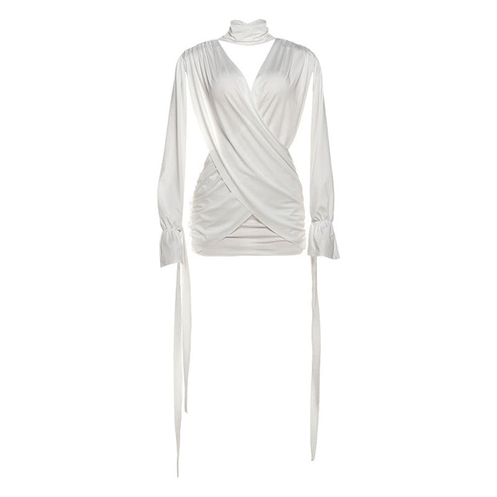 Hollow out v neck ruched long sleeve cut out mini dress  | Festival Outfits Women