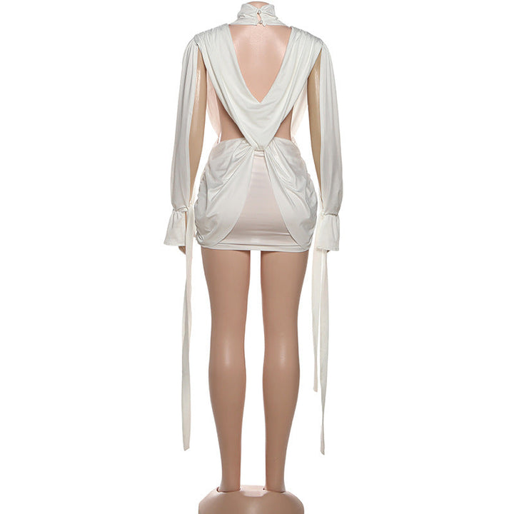 Hollow out v neck ruched long sleeve cut out mini dress  | Festival Outfits Women
