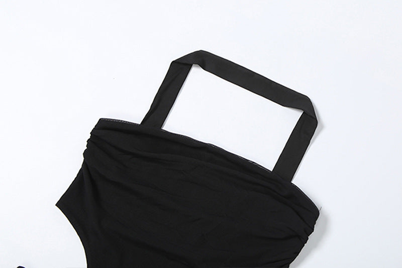 Ruched mesh patchwork ruffle halter maxi dress  | Festival Outfits Women