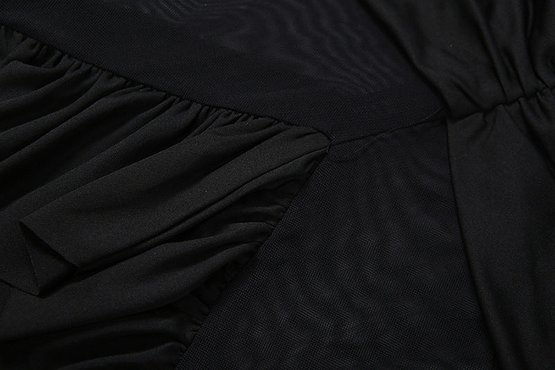 Ruched mesh patchwork ruffle halter maxi dress  | Festival Outfits Women